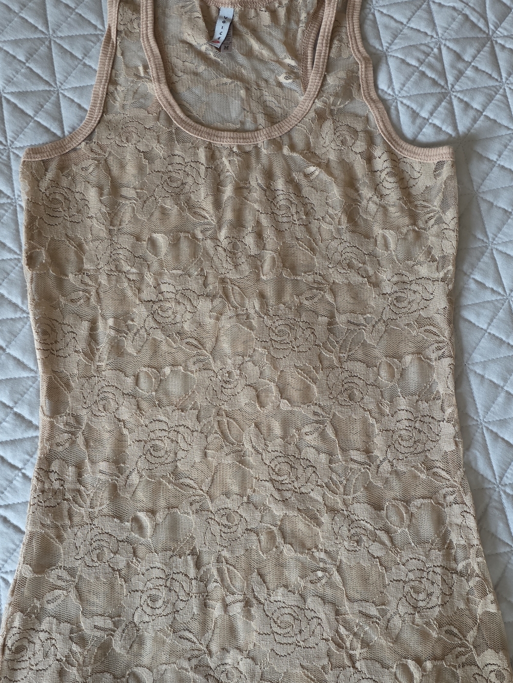 Lace Scoop Neck Tank Top - Light Beige
